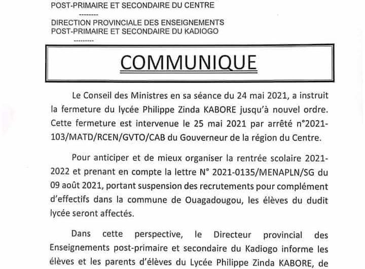 Burkina-Éducation: Les élèves du Lycée Philippe Zinda Kaboré seront affecté dans d&rsquo;autres lycées