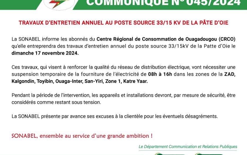 TRAVAUX D’ENTRETIEN ANNUEL AU POSTE SOURCE 33/15 kV DE LA PÂTE D&rsquo;OIE